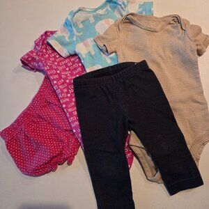 12 Month Tops and Bottoms: 3 Onesies and Blue Stretch Leggings/Ruffled Shorts